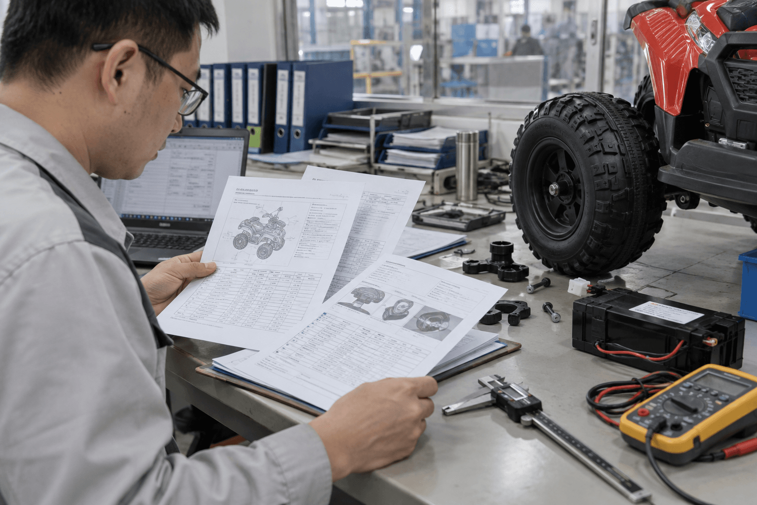 Asian quality engineer reviewing product-specific test and inspection documentation