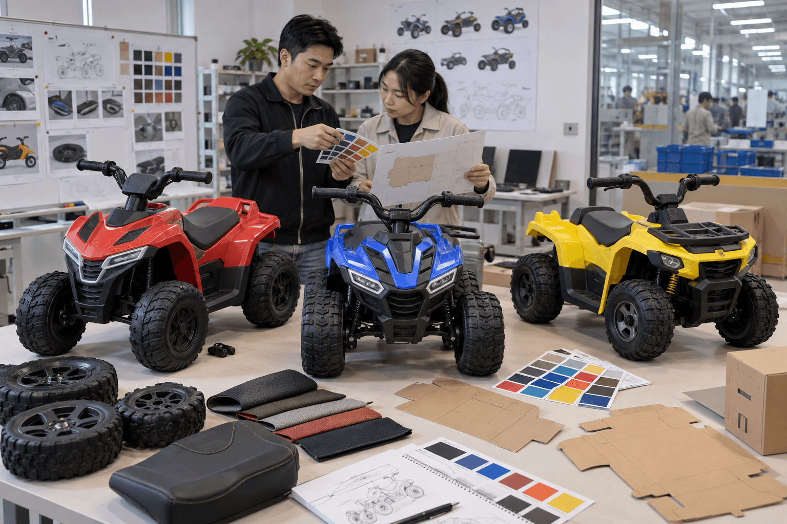 Asian product team reviewing a children’s ATV sample before wholesale production