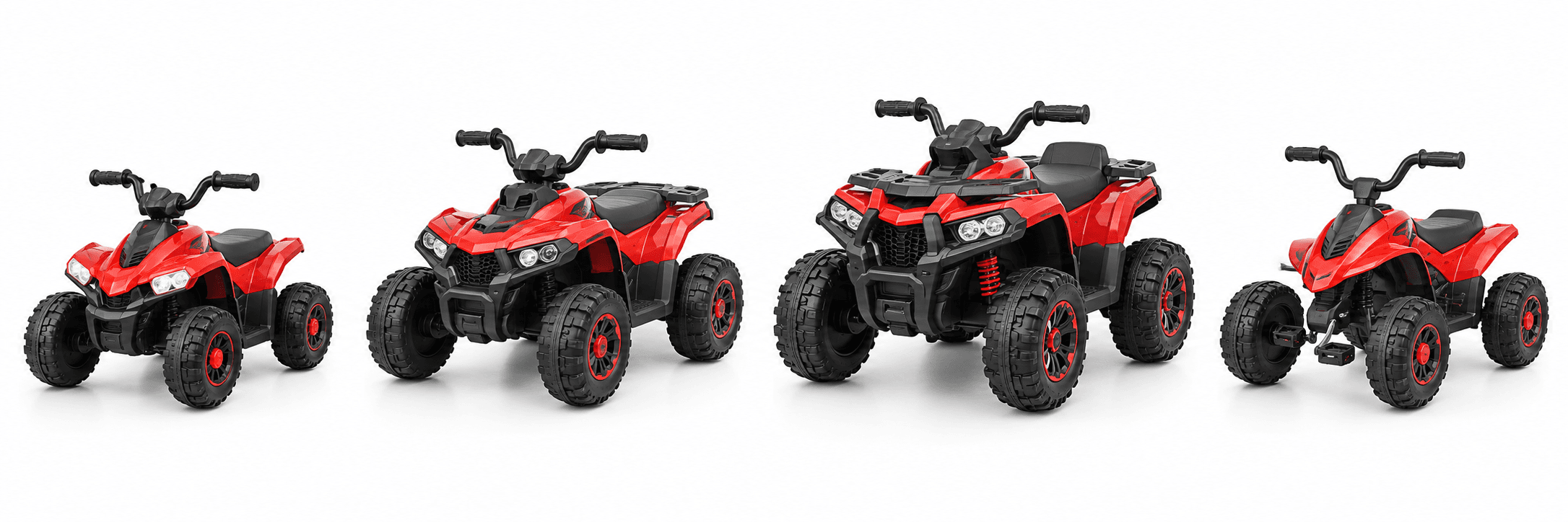 Different 6V, 12V and 24V children’s four-wheel ATV styles arranged for buyer comparison