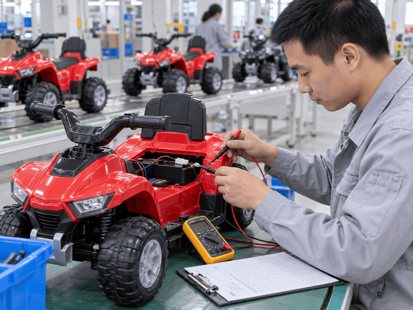 Asian quality technician testing a children's electric ride-on quad